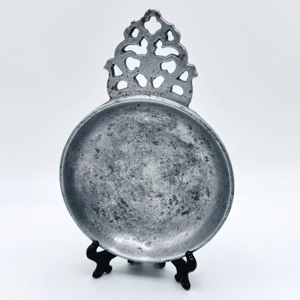 Vintage‎ Sweden Pewter Bowl Porringer Dish Ornate Handle Scandinavian Colonial